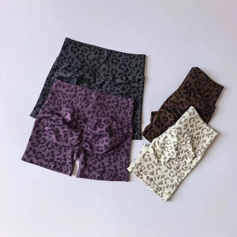 Sexy Leopard Print Seamless Yoga Shorts High Waist Peach Butt Lift Tummy Control 4-Way Stretch Breathable Workout Cycling Pants