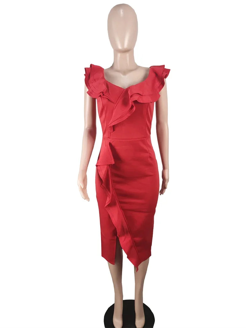 Elegant Party Night Club Celebrity Prom Dresses Women Ruffles V-neck Short Sleeve Birthday Slit Sexy Bodycon Dress Vestidos Midi