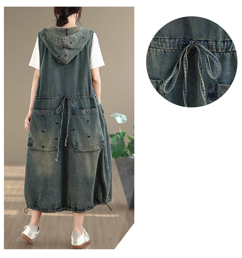 Original Denim Suspender Dres for Women Summer Fashion Vintage Big Pocket Mid-long Frocks Female Hip Hop Baggy Streetwear