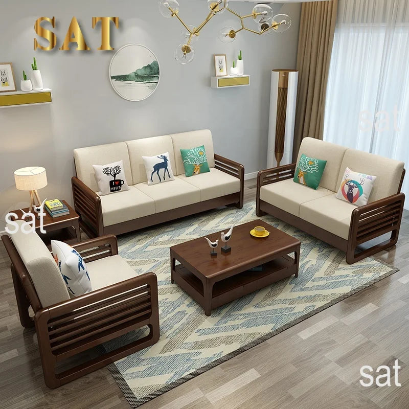 New Design Living Room High End Wholesale Customization Home Furniture Set Modern Solid Wood Frame Fabric Sectional Wooden Sofa