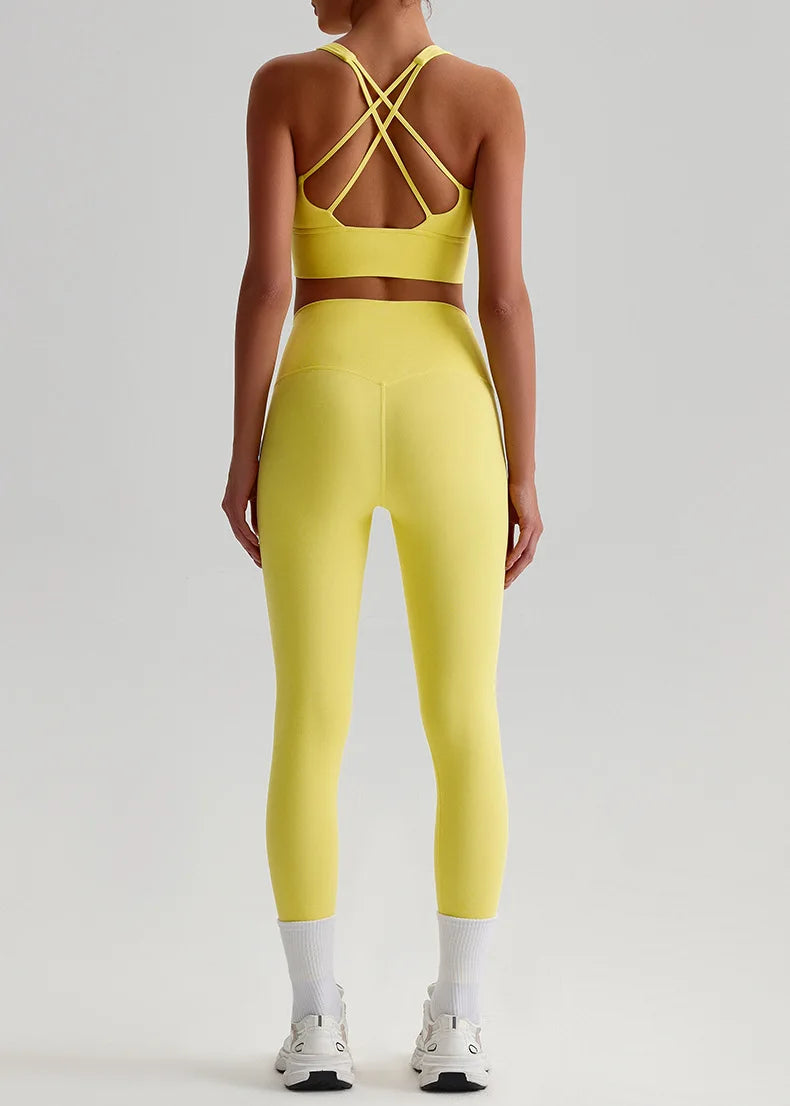 Naked Feel Yoga Set Women Fitness Sportswear 2 Piece Strappy Sports Bra High Waist Gym Leggings Workout Outfit Active Wear