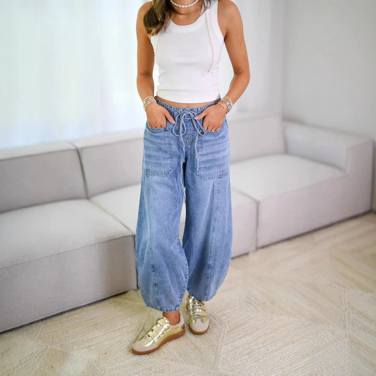 Jeans Denim Pant Women Long Pants Lace Up High Elastic Waist Mom Jeans Straight Trousers Y2k Splice Elegant Streetwear Spring