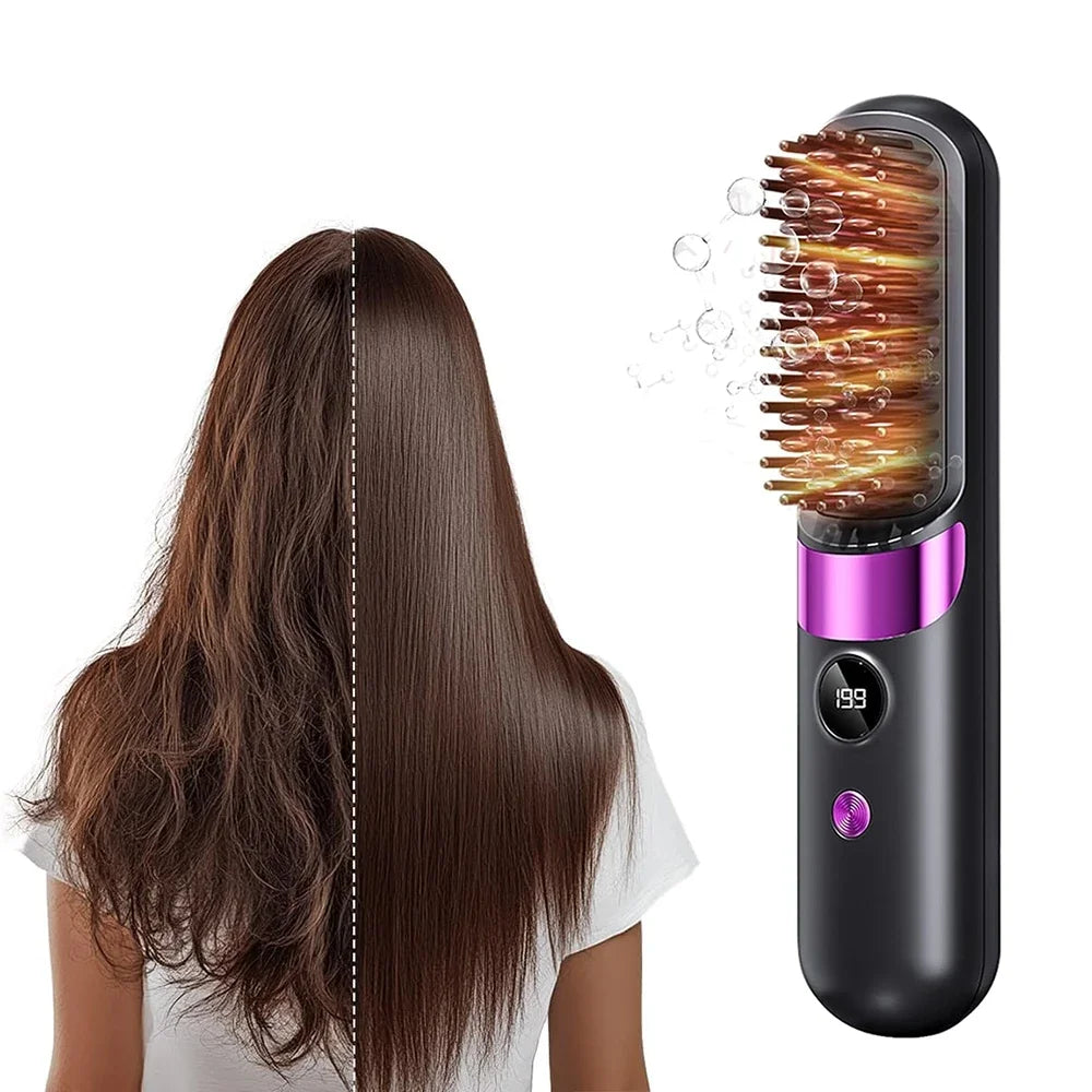 Hair Straightener Brush with LCD Display Cordless USB Charging Straightener Portable Mini Straightening Brush for Home Travel