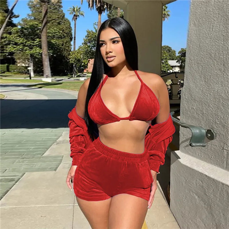 Velvet Tracksuit 3 Piece Set Women Fall Outfits Zipper Hoodies Jacket + Bra + Shorts Sets Sporty Matching Sets Jogging Femme