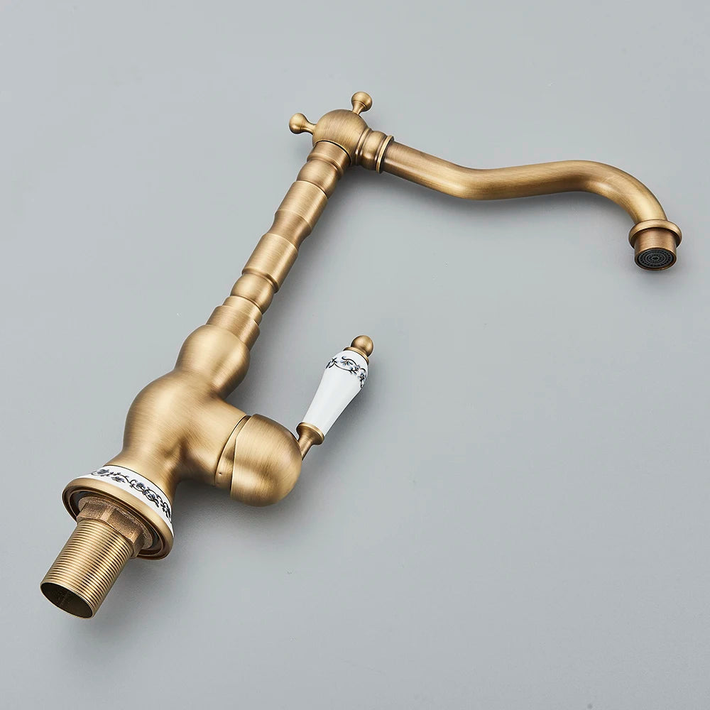 Antique Brass Bathroom Faucet Hot & Cold Mixer Tap Single Hole Single Lever Rotatable Ceramic Handle for Kitchen