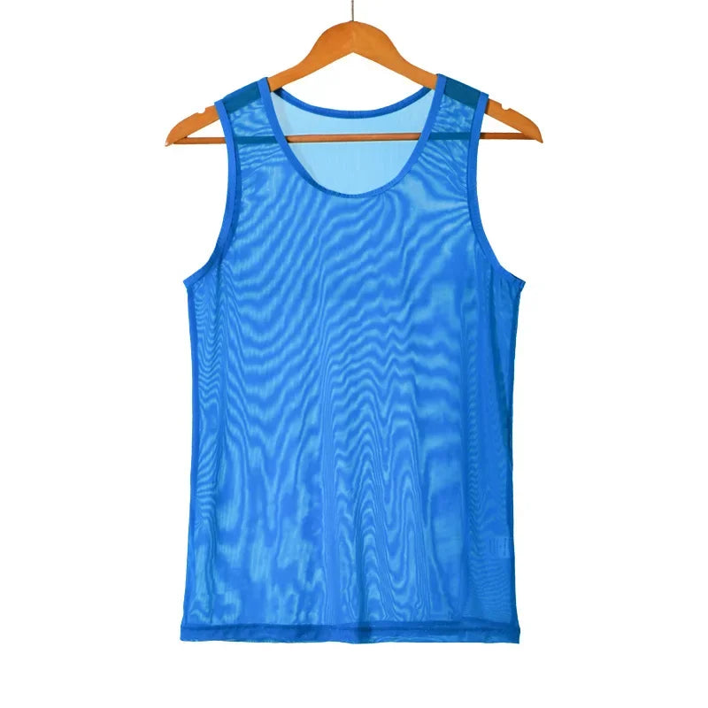 Men Sleeveless Mesh Sheer Tank Outwear Training Vest Fishnet Hollow Out See Through Undershirt