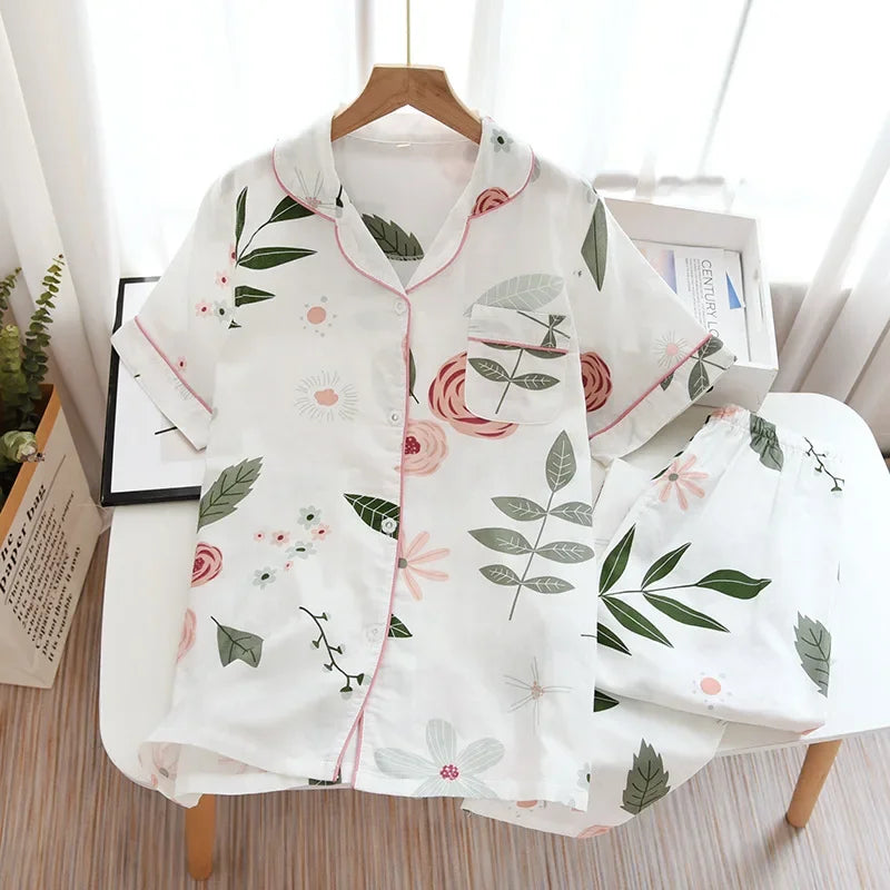 2026 Japanese new spring and summer short-sleeved trousers pajamas 2-piece set 100% cotton gauze flower cartoon home service set