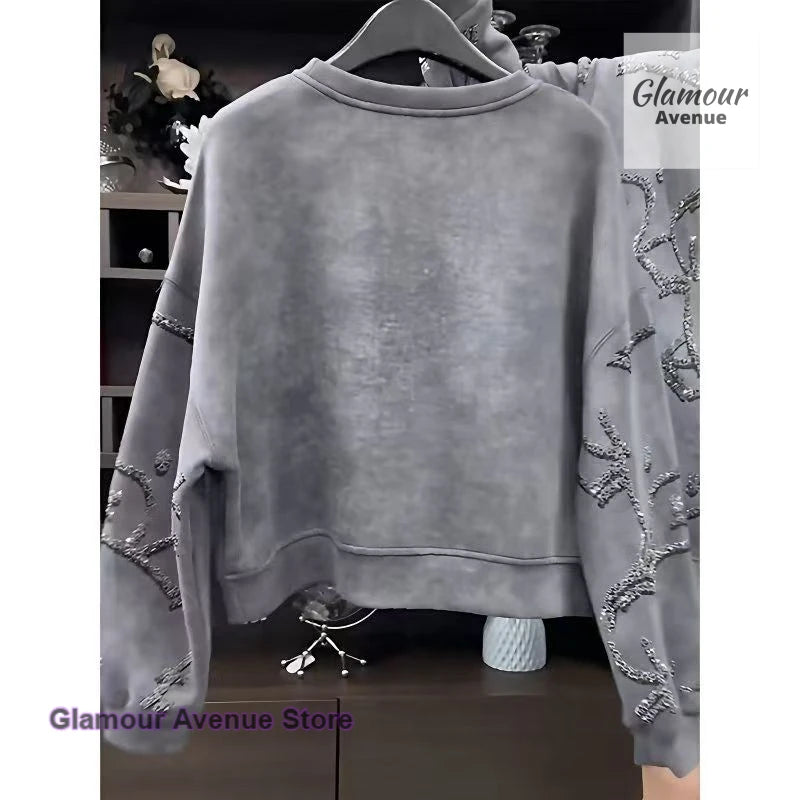 French style round neck heavy industry sequined long-sleeved sweater female autumn new fashion casual cute bear slim loose top.