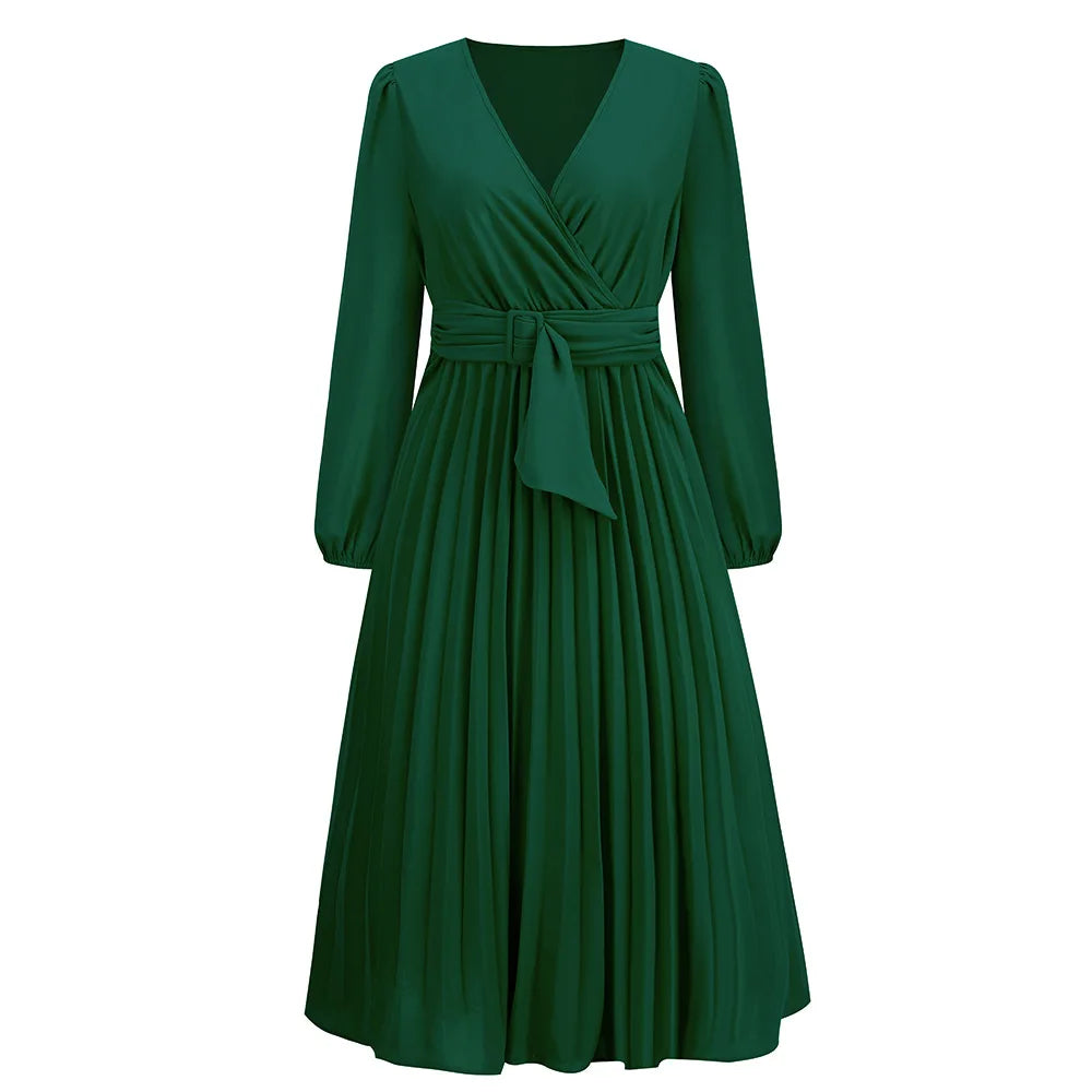 Elegant Women's Green Chiffon Autumn/Winter Long Sleeve Slim Fit Pleated Dress Fashion Women's V-neck Belt Party Dresses S-2XL