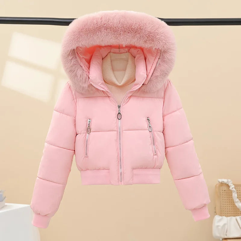 Detachable Hat Plush Warm Jacket Long Sleeve Loose Hooded Short Women's Parka Big Fur Collar Zippers Design Design Coat 2026 New