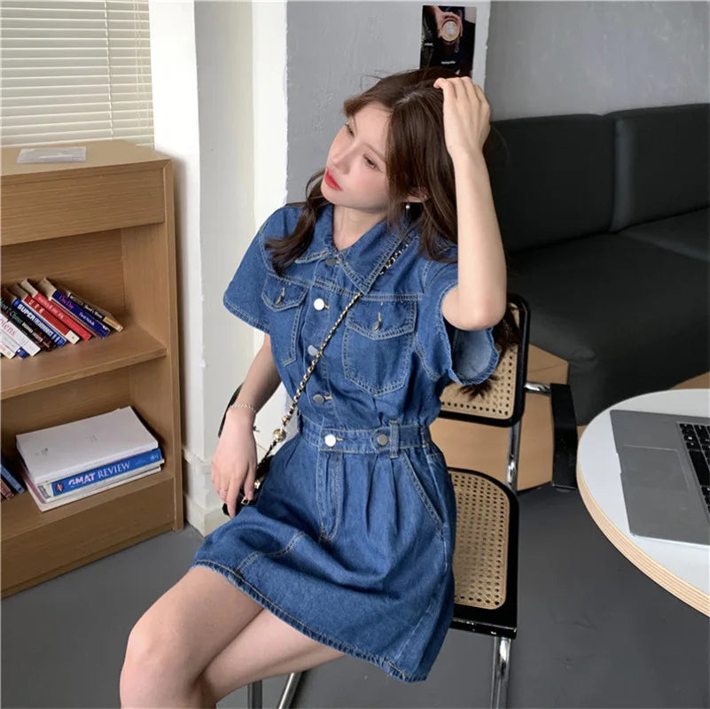 Women Vintage Denim Shirt Dress High Waist A-line Jean Mini Dress for Ladies Retro Y2K Streetwear Dresses for Women Party Outfit