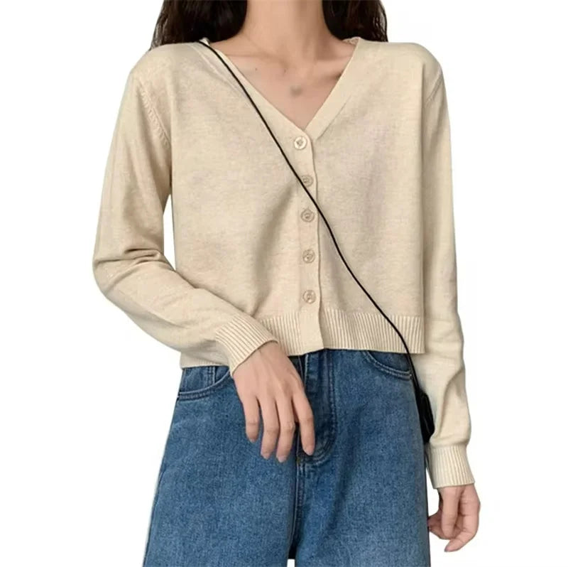 2025 Women's Long Sleeve Cropped Cardigan V Neck Button Down Knit Lady Autumn Spring Knitted Single-breasted Cardigan Sweaters