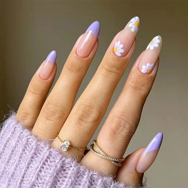 24Pcs/Set Blue Sky White Cloud Fake Nails Glue DIY Manicure Pattern Design False Nail French Stiletto Full Cover Nail Art Tools