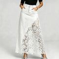 Women Elegant Lace Spliced Denim Skirt High Waist Slim A-line Skirt Washed Denim Wrap Hip Long Skirt All Match Fashion Bottoms