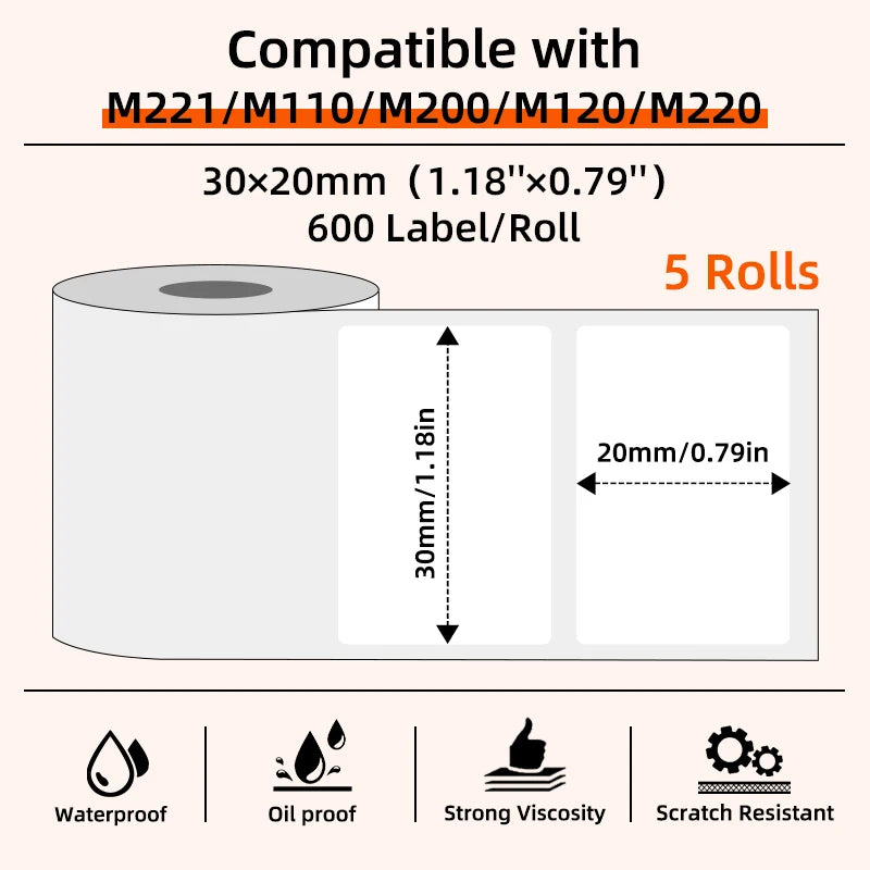 5 Rolls of Thermal Label Paper, Coreless White Self-Adhesive Waterproof Stickers, Suitable for Portable Handheld Printers - for Barcodes, Addresses, Shipping, Corporate Offices, Commercial and Home Labels 30*20mm 30*30 40*20