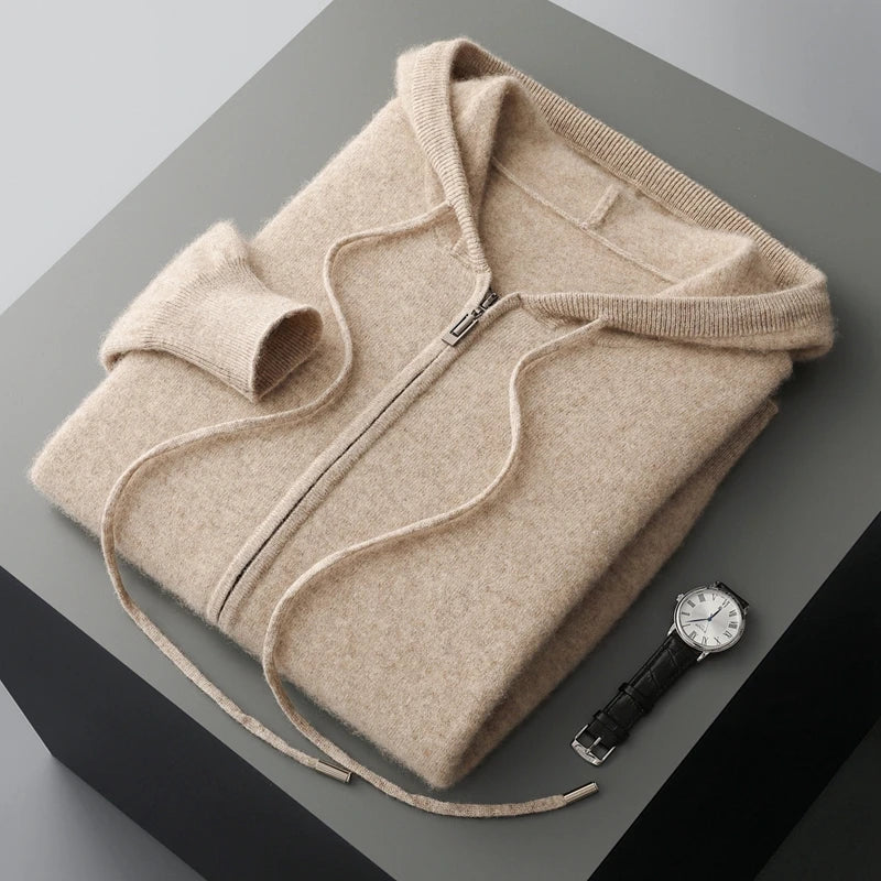 Hot Selling New Style Real Knitted Men's Cardigan Hooded Sweater Loose Full Sleeves Autumn and Winter Men's Pure Wool Sweater