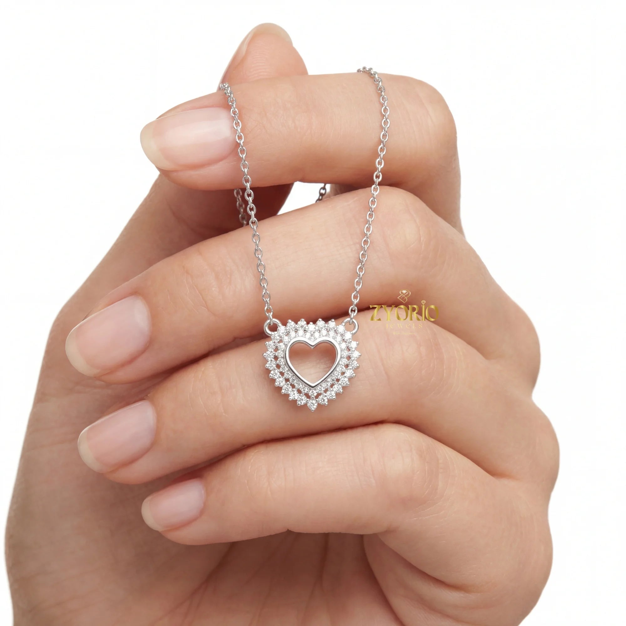 Gold Plated Halo Heart Diamond Pendant with Link Chain-Luxury Engagement Wedding Party Anniversary Jewelry