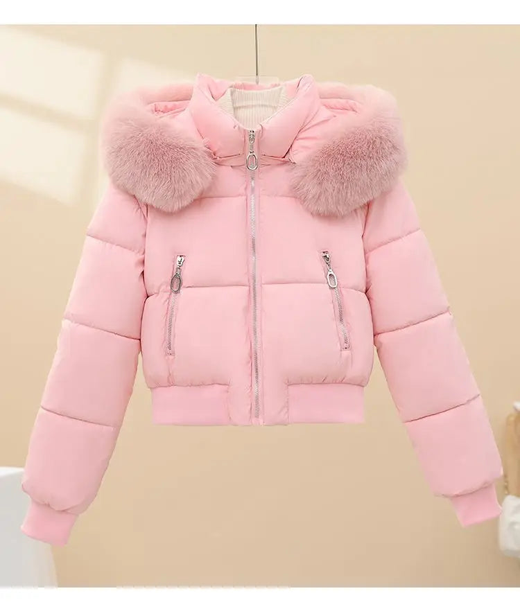 Korean Faux Fur Trim Hooded Puffer Coat Outerwear Women Black Cropped Zip Pocket Rib Hem Loose Short Warm Winter Jacket