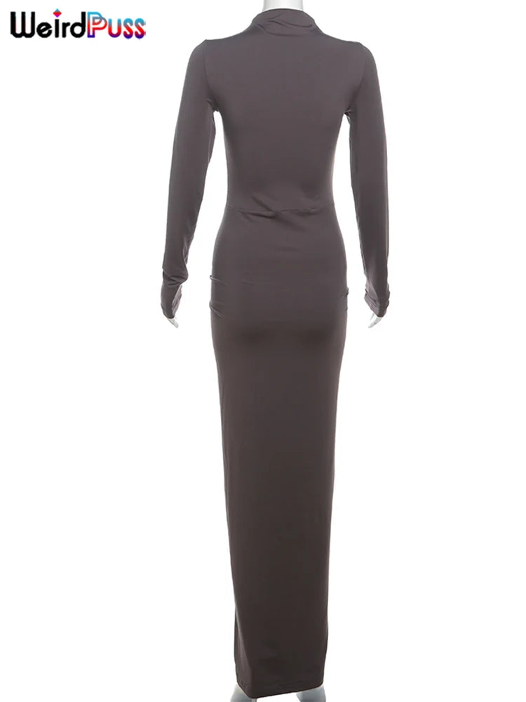 Weird Puss Hipster Ruched Dress Women O-Neck Full Sleeve Skinny Stretch Robe Autumn Trend Simple Classic Pleats Long Bodycon