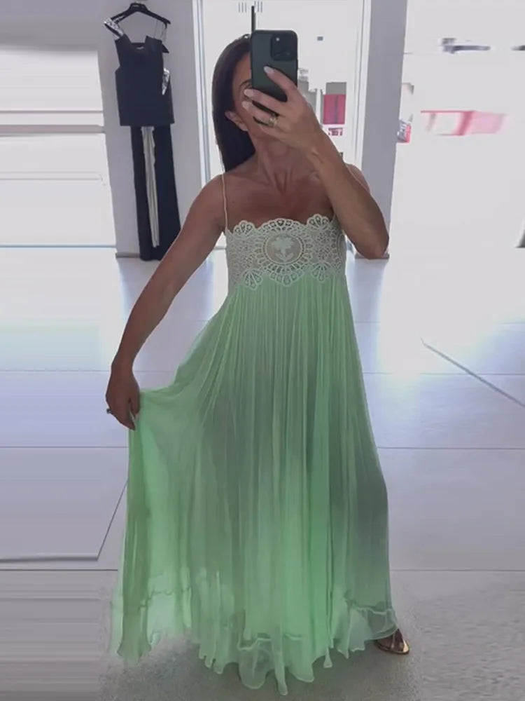 Lace Patchwork Pleated Slip Long Dress Women Sexy Spaghetti Strap Sleeveless Backless Loose Evening Dresses Chic Ladies Vestidos