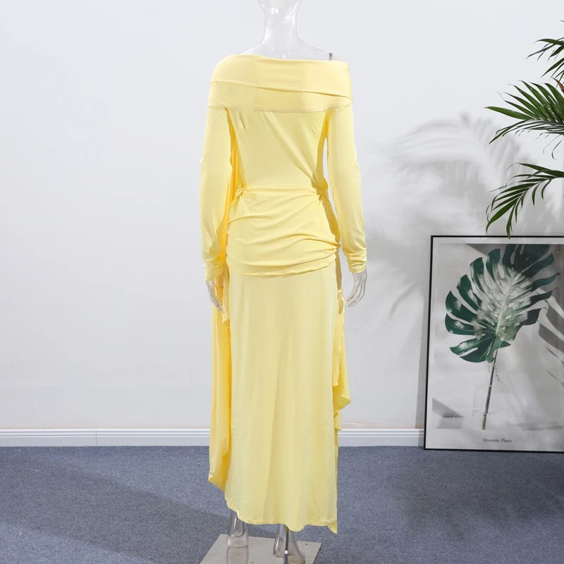 Elegant Solid Lace Up Dress Women's Off The Shoulder Long Sleeve Draped Dresses 2026 Spring New Female Chic Party Robes ﻿