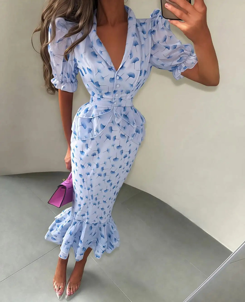 Organza Floral Printed Maxi Dress Women V Neck High Split Puff Sleeve Waist Cinching Ruffle Long Dresses Vacation Summer Outfits