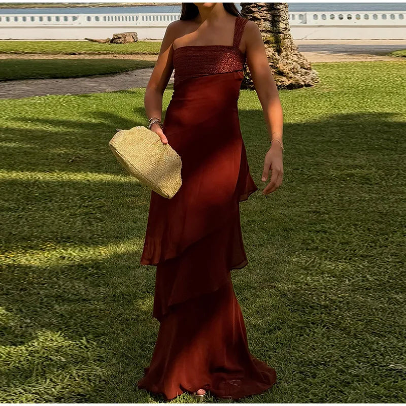 Elegant Patchwork Women's Dress Sleeveless Cascading Ruffle Skew-Collar Lady Long Dresses 2026 Summer Chic Female Vacation Robe