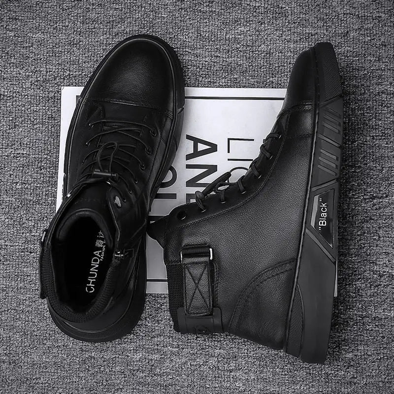 Men's Breathable Leather Casual High Top Leather Shoes Casual Men's Shoes Desert Boots British Style Black Leather Boots - Beauty