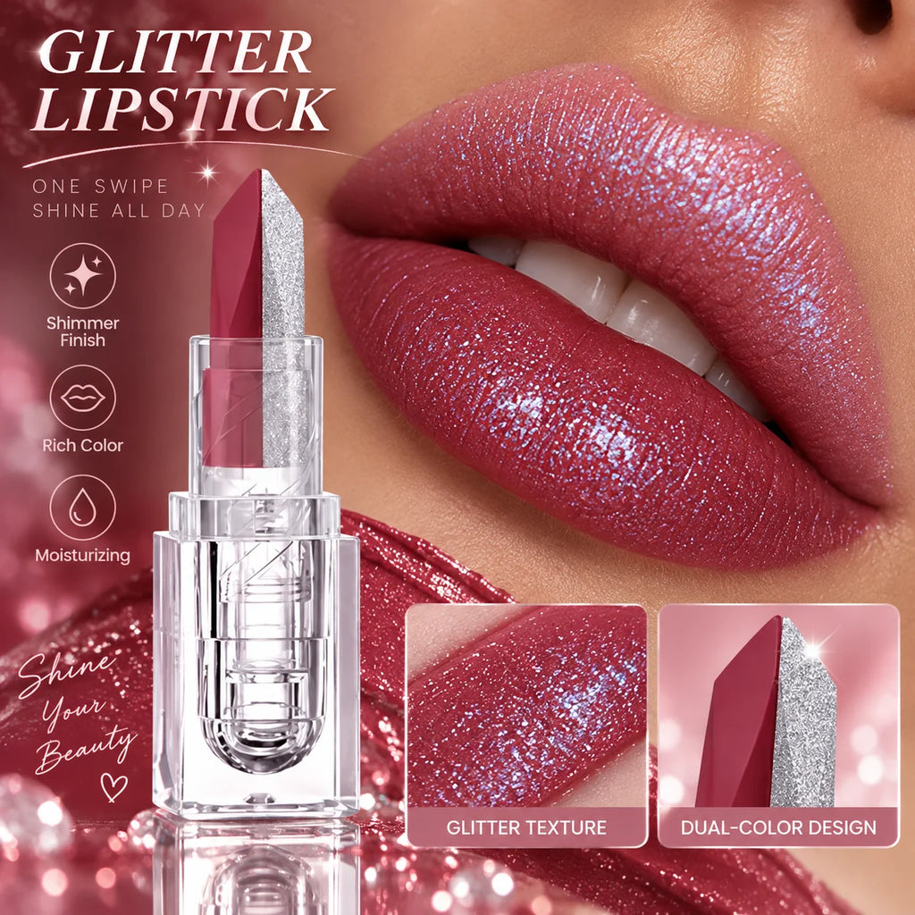 1pc Dual Head Glitter Lipstick Matte Velvet Lip Stick, 2 In 1 Shimmer Diamond Lip Gloss Waterproof Lip Makeup Cosmetic For Women