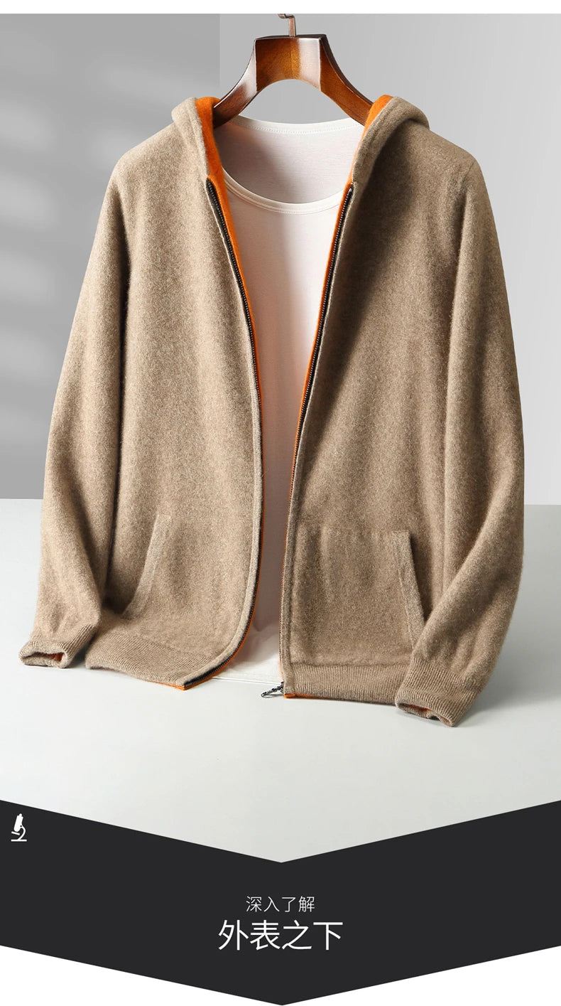 New Men's 100% Merino Wool Double Sided Wearable Hooded Sweater Casual Autumn Winter Coat Long Sleeved Men's Wool Sweater Tops
