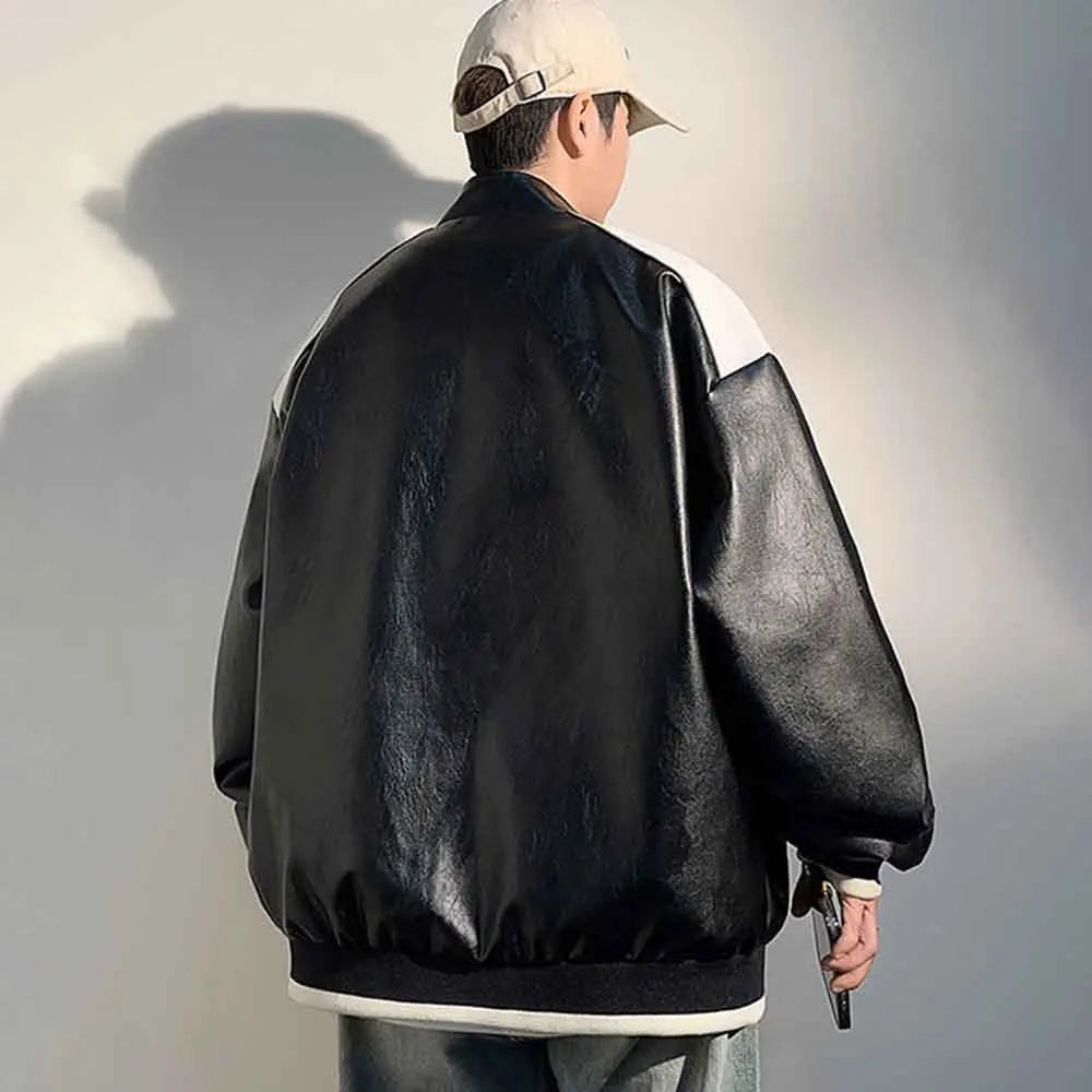 Men’s PU Leather Racing Jacket Oversized, Zip-Up Varsity Bomber Coat, Streetwear Motorcycle Style