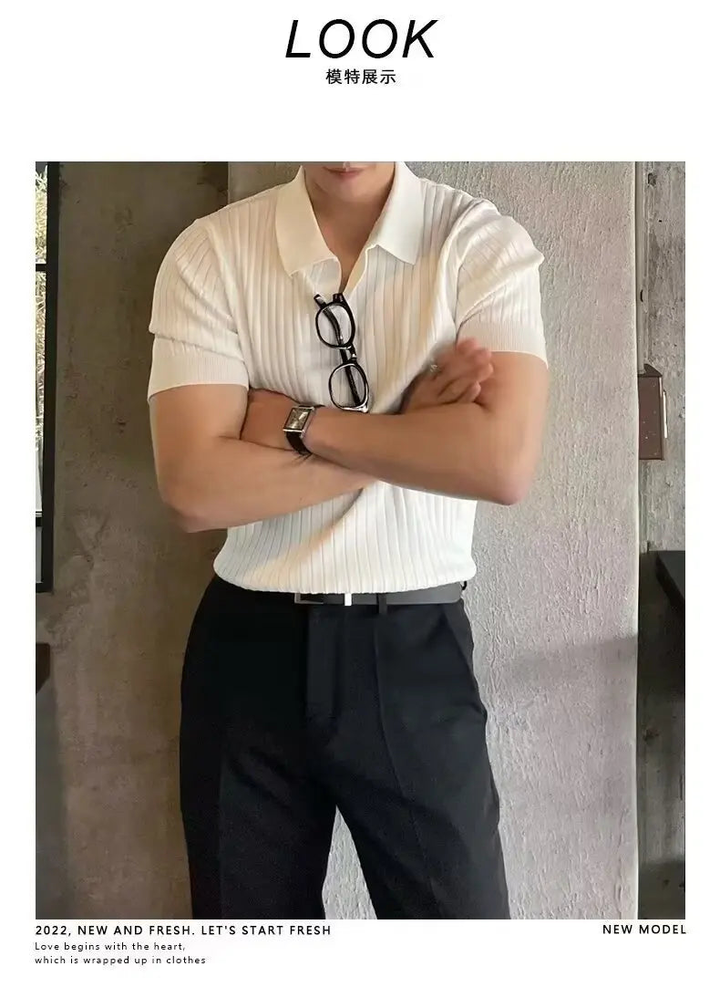 Trendy Polo Shirt for Men Summer Solid Color Top Versatile Knit Style Korean Short Sleeves Casual Fashion T-shirt