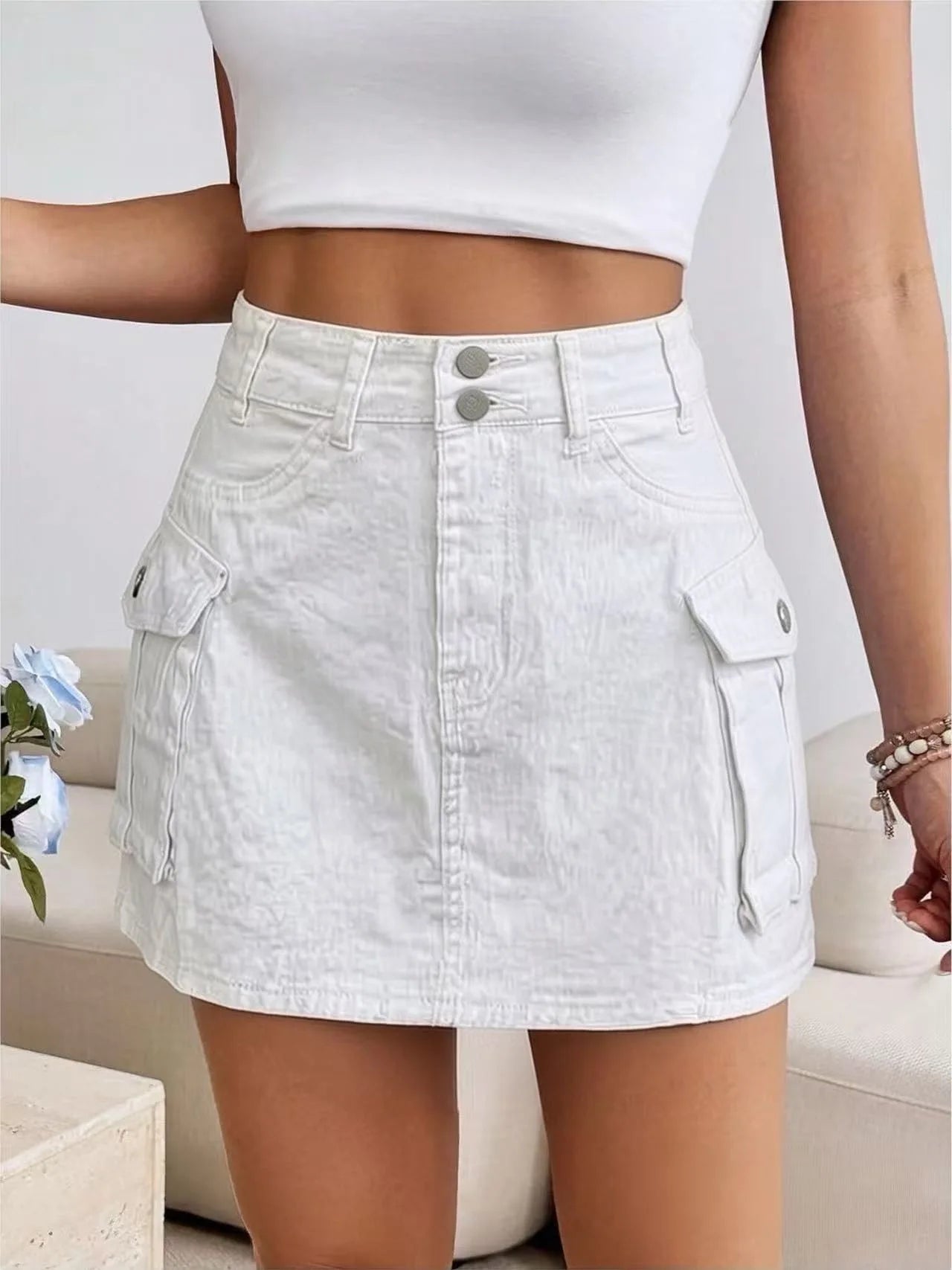 Sexy Women High Waist Cargo Denim Mini Skirt Double Button Multi Pocket A Line Short Skirt Y2K Streetwear Casual Jean Dress