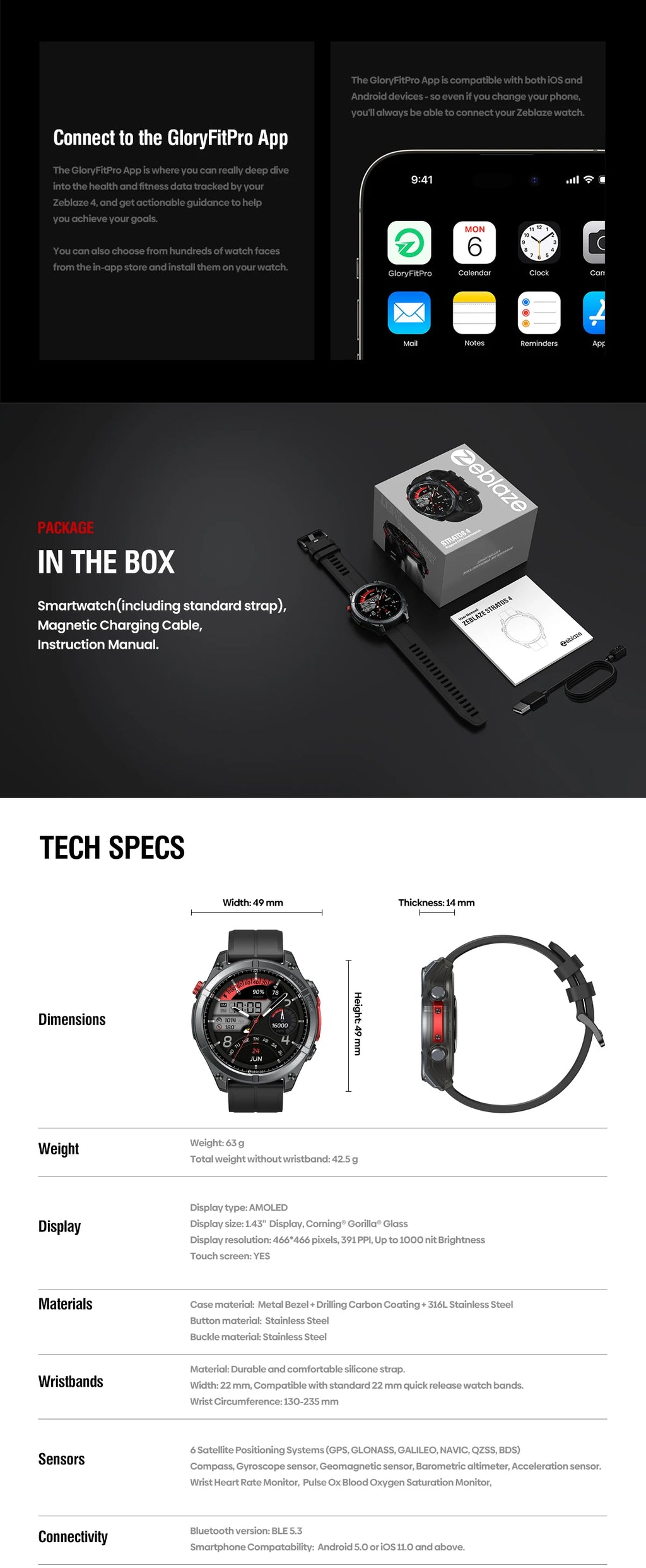 NEW Zeblaze Stratos 4 GPS Smart Watch 1.43 AMOLED Display Built-in Compass Barometric Altimeter Flashlight Voice Call Smartwatch