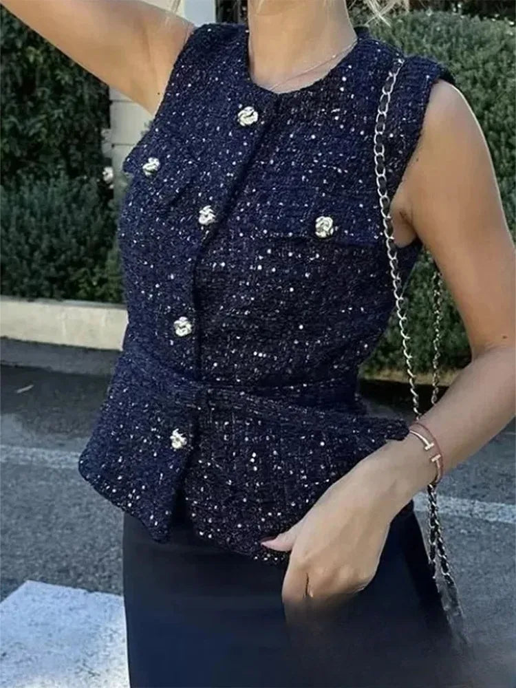 KONDALA Vintage Belt Twist Waistcoats Women O Neck Sleeveless Gold Button Vest Fashion 2025 Spring Summer Office Lady Blazer Top