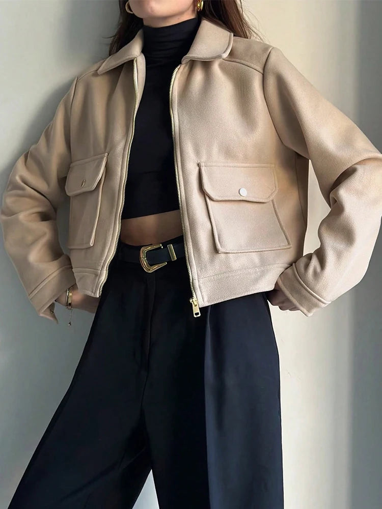 SLTNX Women's Zipper Jacket Coat New Winter Long Sleeve Pocket Outerwear Coat Short Street Elegant Women's Jacket
