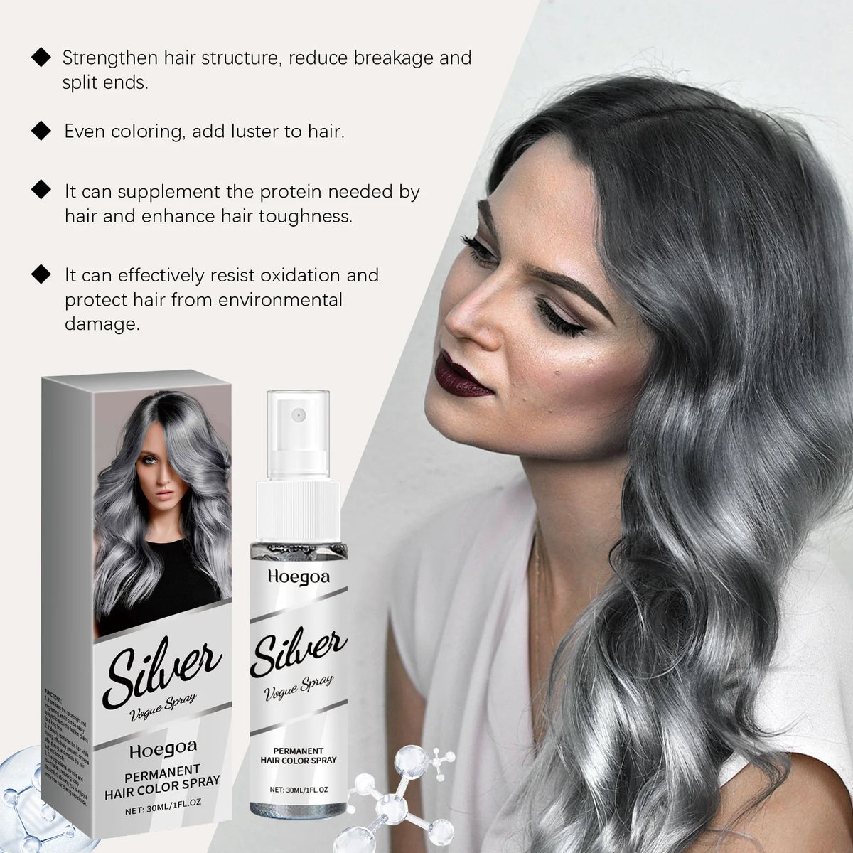 Silver Hair Spray Metallic Texture Hairstyle Customization Long Lasting Color Even Coloring Plant Formula Antioxidant Hair Dye