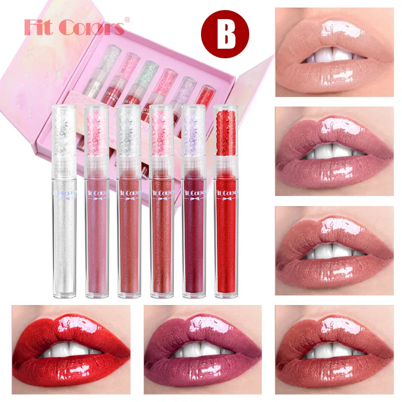 Pearlized Diamond Lip Oil Gloss Set 6 Shades Waterproof Moisturizing High Shine Lipgloss Luxe Gift Box for Women