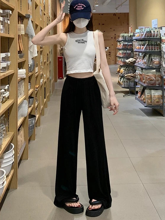 Women's Straight Pants Spring Summer Loose Casual High Waist Wide-leg Pants Drawstring Solid Gray Trousers Women