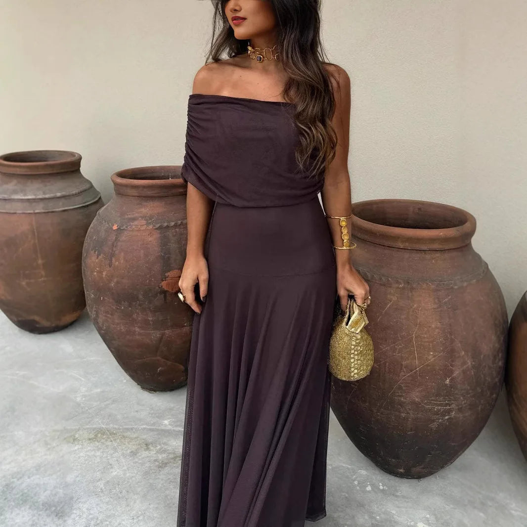 European and American Women's Clothing Tube Top Mesh Stitching Slim Temperament Dress Perspective 2025 Autumn New Models
