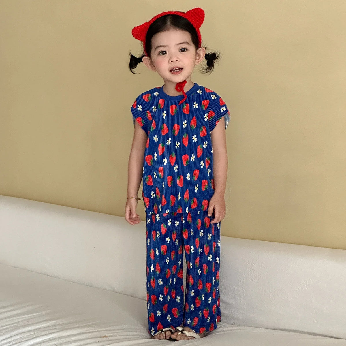 2026 New Infants Kids Matching Clothing Set Cartoon Print Pleated 2 Pieces Suit Tank Top Trousers Soft Loose Streetwear Homewear