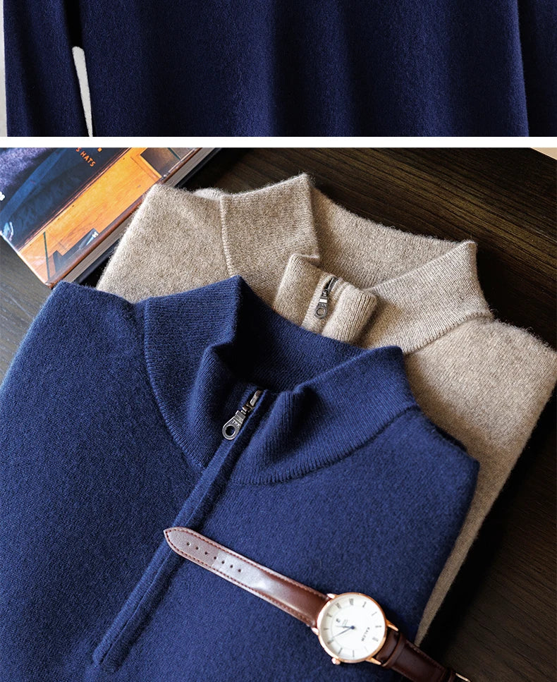 Class A 100% Pure Cashmere Men's Sweater Autumn Winter Semi Open Collar Zipper Pullover Sweater, Casual Business Men's Clothing