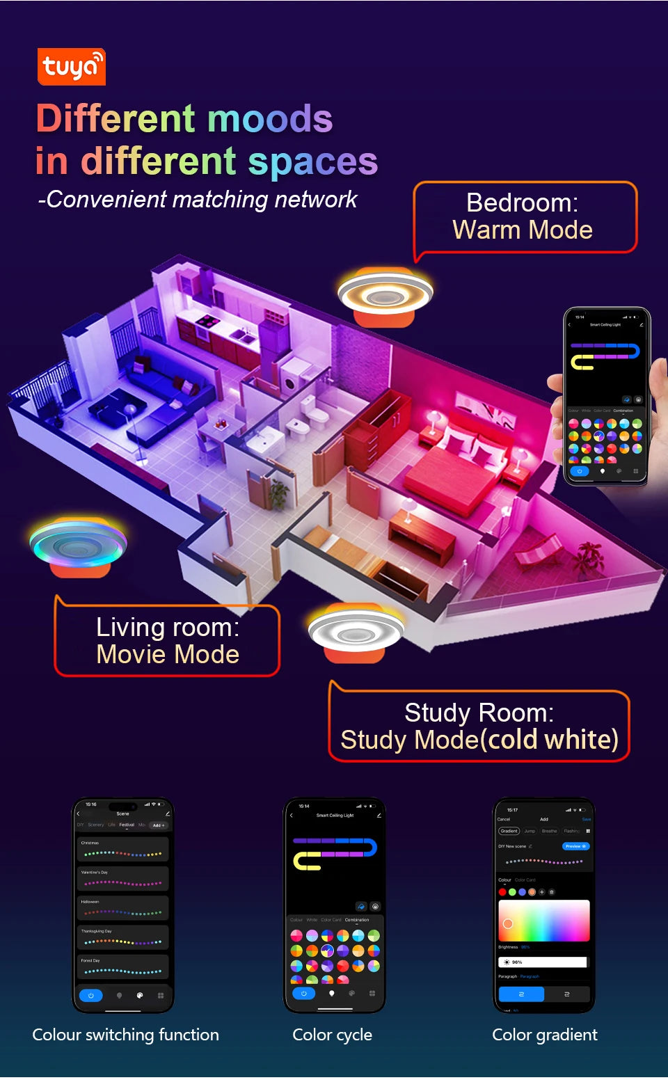 TUYA Music Ceiling Light With Speaker Remote Control APP Dimming Smart RGB LED Lamps Backlight Design Bedroom Living Room Decor