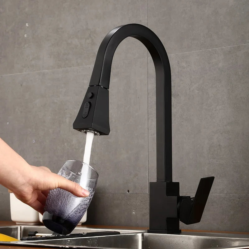 Tap Black and White Kitchen Faucet Dish Basin All Copper Hot and Cold Pull-out Rotating Household Showerhead Sink Basin Faucet