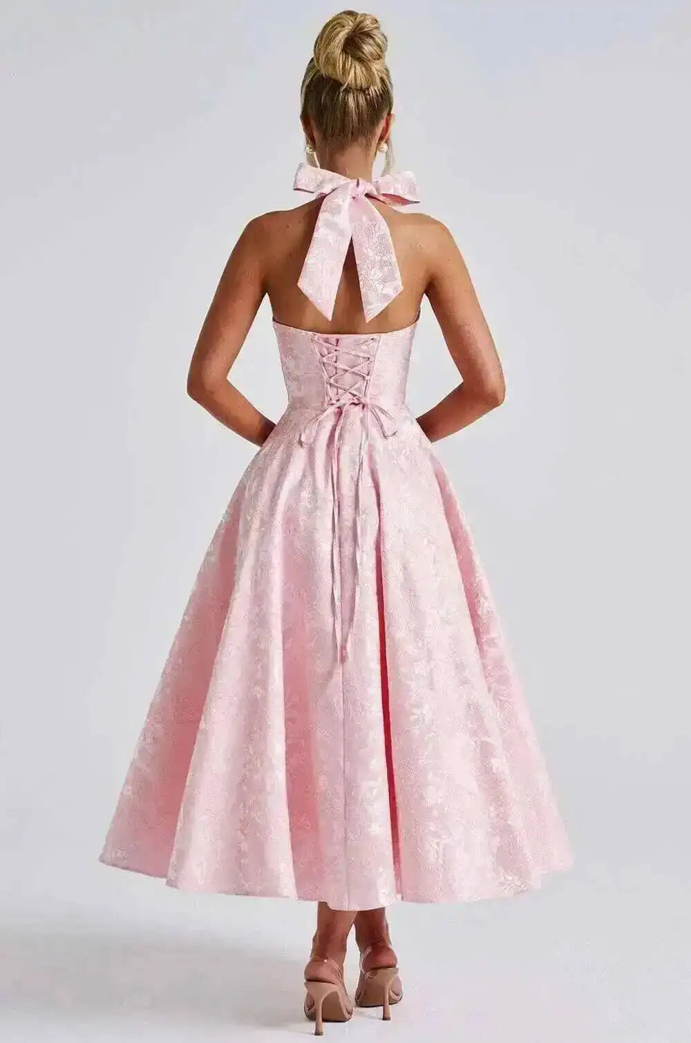 Giyu Club Evening Party Dresses Women 2025 Summer Sexy Bow Halter Long Dress Elegant Jacquard Lace Up Backless Birthday Robe