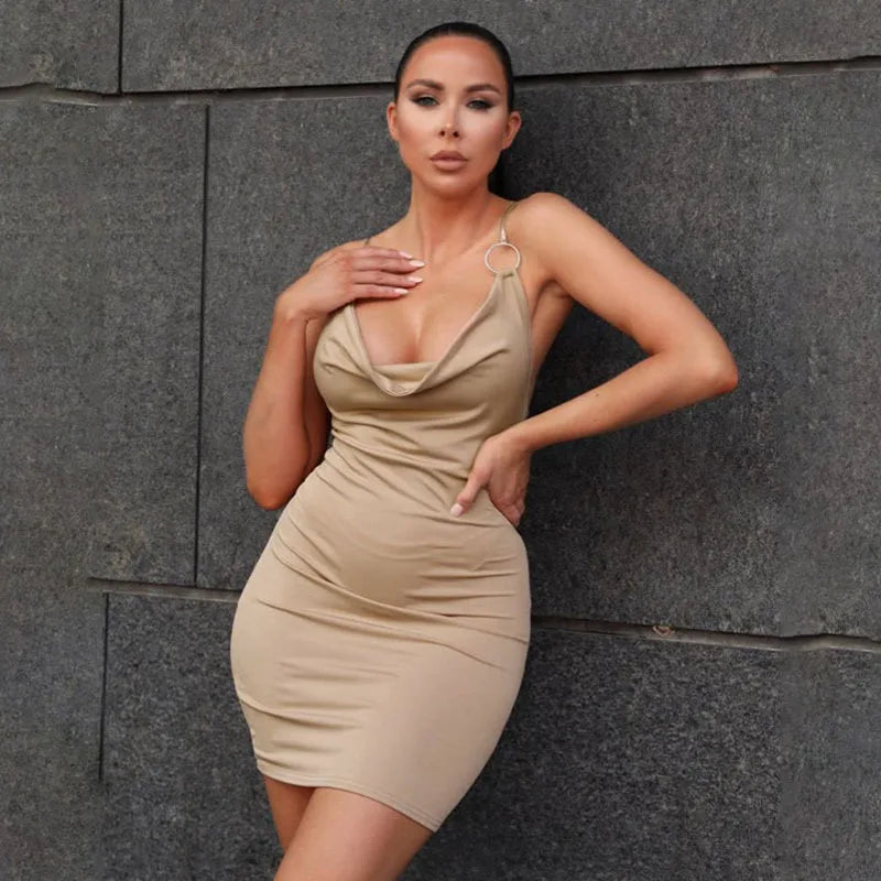 Cross-border Europe and the United States sexy V-neck ring buckle milk silk halter wrap buttock dress
