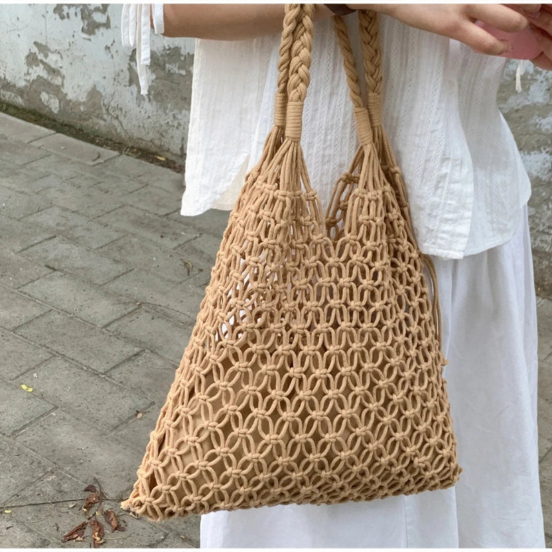 Hollow Crochet Mesh Woven Shoulder Bag With Inner Pocket,Women Solid Color Handbag,Summer Work Beach Vacation Commuting Tote Bag