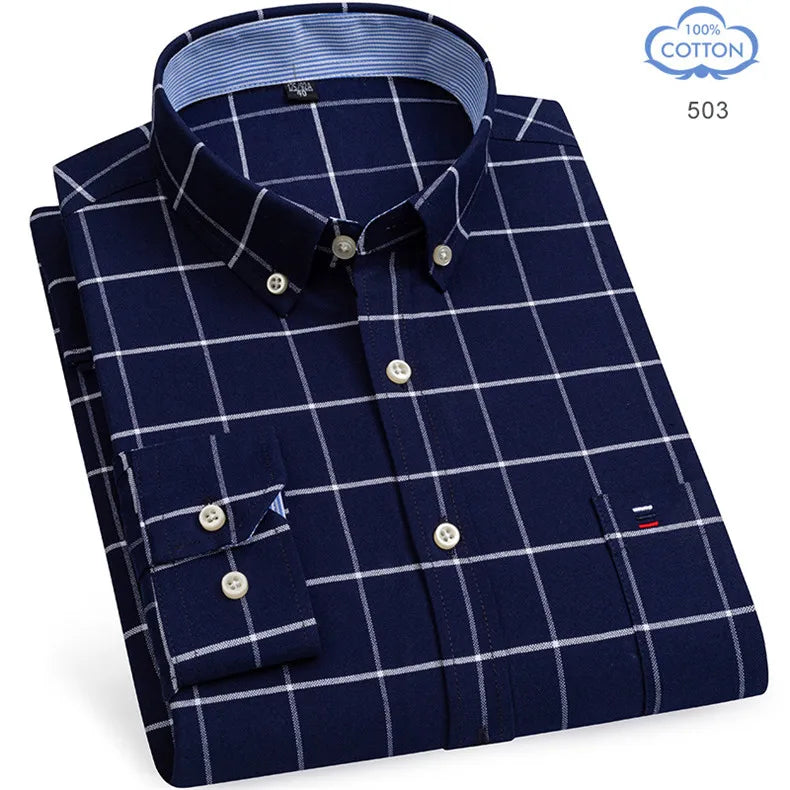 2025 Men's Social Shirt Pure Cotton Oxford Luxury Brand Thin Soft Buttoned Plaid Formal Work Western Clothing