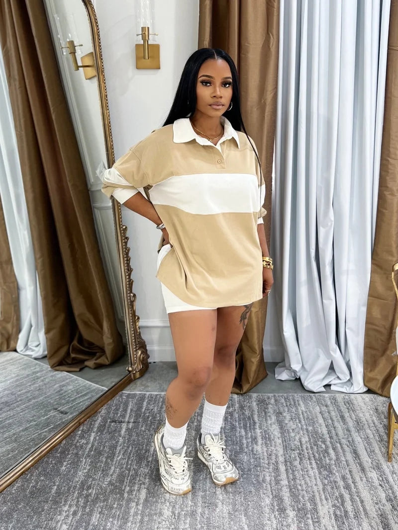 Streetwear Colorblock 2 Piece Sets Women Outfit Summer Clothing Women Full Sleeve Polo-T-Shirt Top Shorts Sets Sporty Tracksuits
