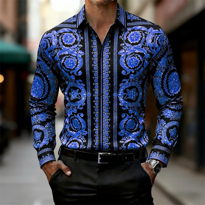 Men's Shirt Luxury Baroque Style Gold Pattern Long Sleeve Shirt Fashion Slim Palace HD Print Shirt AliExpress Hot Sale XS-6XL